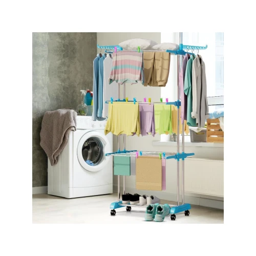 حامل تجفيف الملابس ستانلس ستيل متعدد الطبقات بعجلات – قابل للطي والتحريك