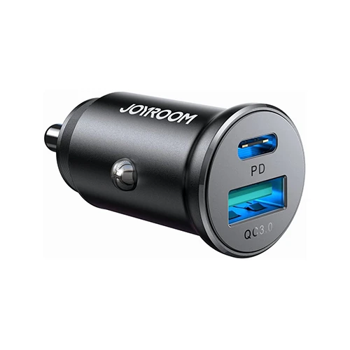 شاحن سيارة معدني صغير 30 وات بمنفذ USB-C ومنفذ USB-A للشحن السريع joyroom