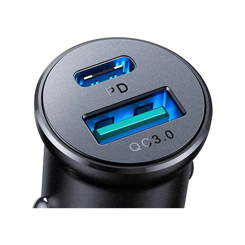 شاحن سيارة معدني صغير 30 وات بمنفذ USB-C ومنفذ USB-A للشحن السريع joyroom