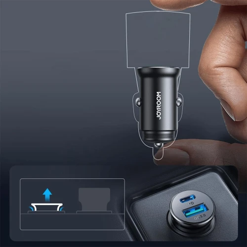 شاحن سيارة معدني صغير 30 وات بمنفذ USB-C ومنفذ USB-A للشحن السريع joyroom