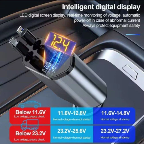 شاحن سيارة ذكي 4 في 1 بقوة 120 وات - شحن فائق السرعة مع كابلات قابلة للسحب وشاشة LED