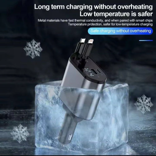 شاحن سيارة ذكي 4 في 1 بقوة 120 وات - شحن فائق السرعة مع كابلات قابلة للسحب وشاشة LED