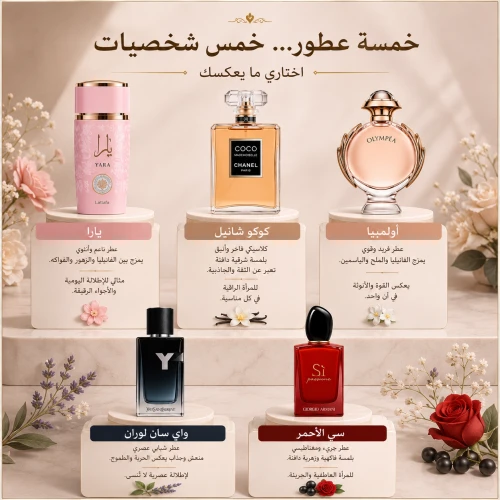 5 عطور حريمي ( سي الاحمر - كوكو شانيل - واي سان لوران - اولمبيا - يارا)